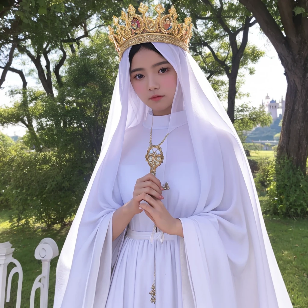 Our Lady of Fatima with white clothes and a crown and heart