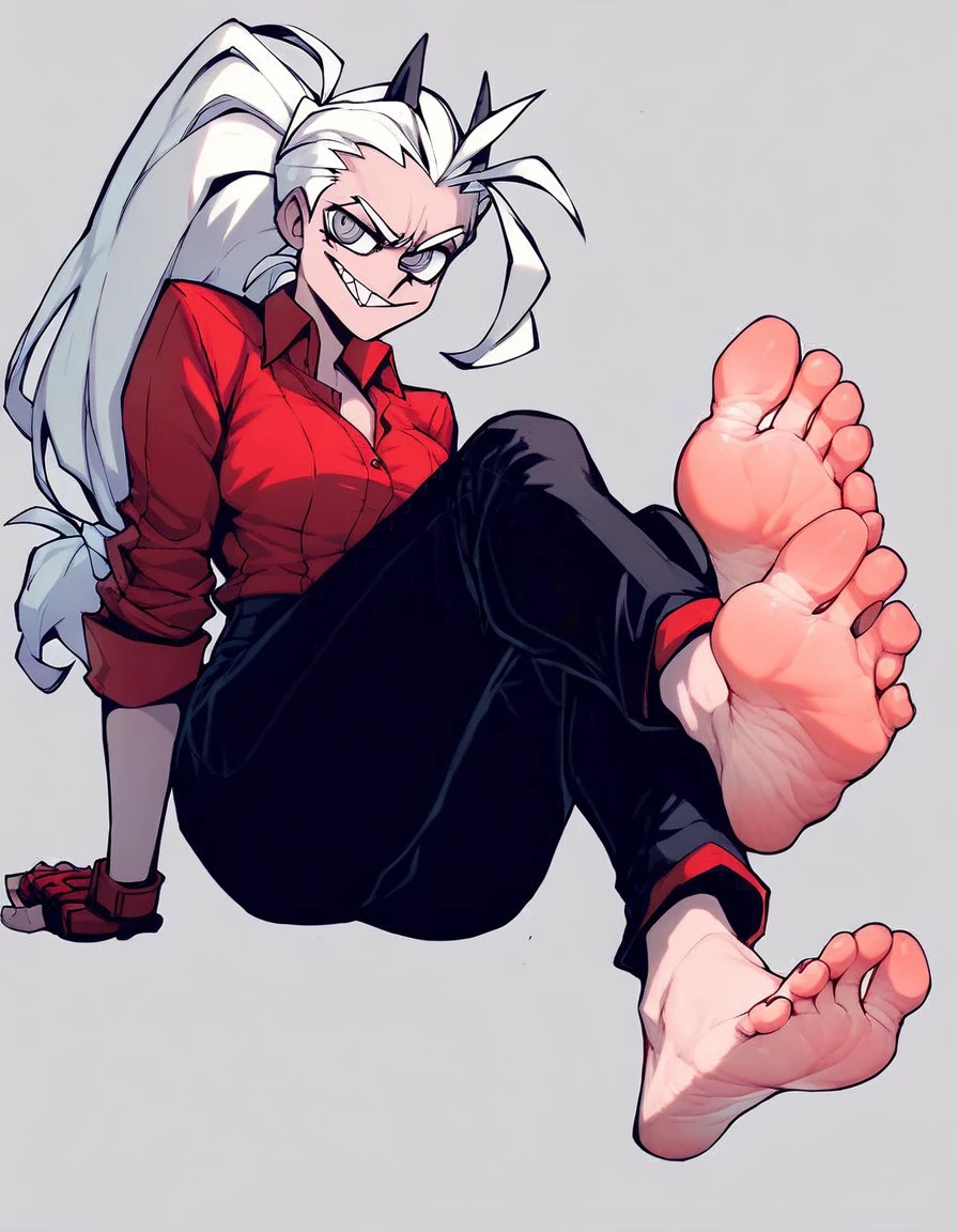 justice from helltaker, white hair, ponytail, showing feet, soles, toes, evil smirk, grey eyes, red shirt, black pants, bareffot