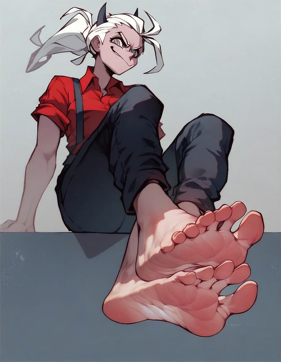 justice from helltaker, white hair, ponytail, showing feet, soles, toes, evil smirk, grey eyes, red shirt, black pants, bareffot