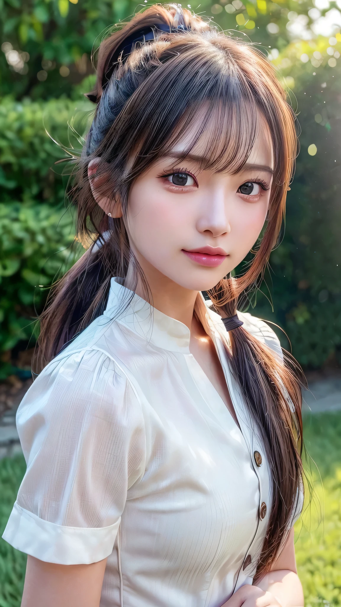 One piece with collar,outdoors,Urban Park,On the lawn,Ultra-detailed, finely detail, hight resolution, 8K Wallpaper, Perfect dynamic composition, Beautiful detailed eyes,Outdoor,Close-up of face,Outdoor,Blushing,Facing forward,,Long hair ponytail,((8k, Raw photo, Best Quality, Mastepiece:1.2), (Realism, Photorealistic:1.4), (Highly detailed 8K wallpapers), Depth of written boundary, Cinematic Lighting, Soft Light, Detailed Beauty Eye,Shiny and smooth light brown ponytail, Asymmetrical bangs, Shiny skin, Ultra-detailed skins ,It is high resolution., High detail, Detailed hairstyle, Detailed facial beauty, Hyper-realistic, Perfect limbs, Perfect Anatomy ,1 Japanese girl,Famous Japanese Idols, Perfect female body,A shy smile,Short eyelashes,Double-edged eyelids,Look straight here,Hair style: ponytail,