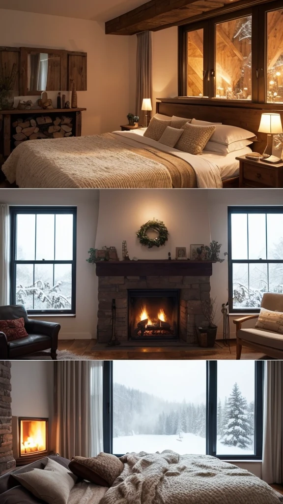 Sure, here is an English prompt that you can use to generate such a cozy AI video scene:
---
"A cozy indoor scene with a bed, a fireplace, a large TV, and aromatherapy, while snow falls outside the window. The room feels warm and inviting."
---
Feel free to adjust or add any specific details you have in mind!