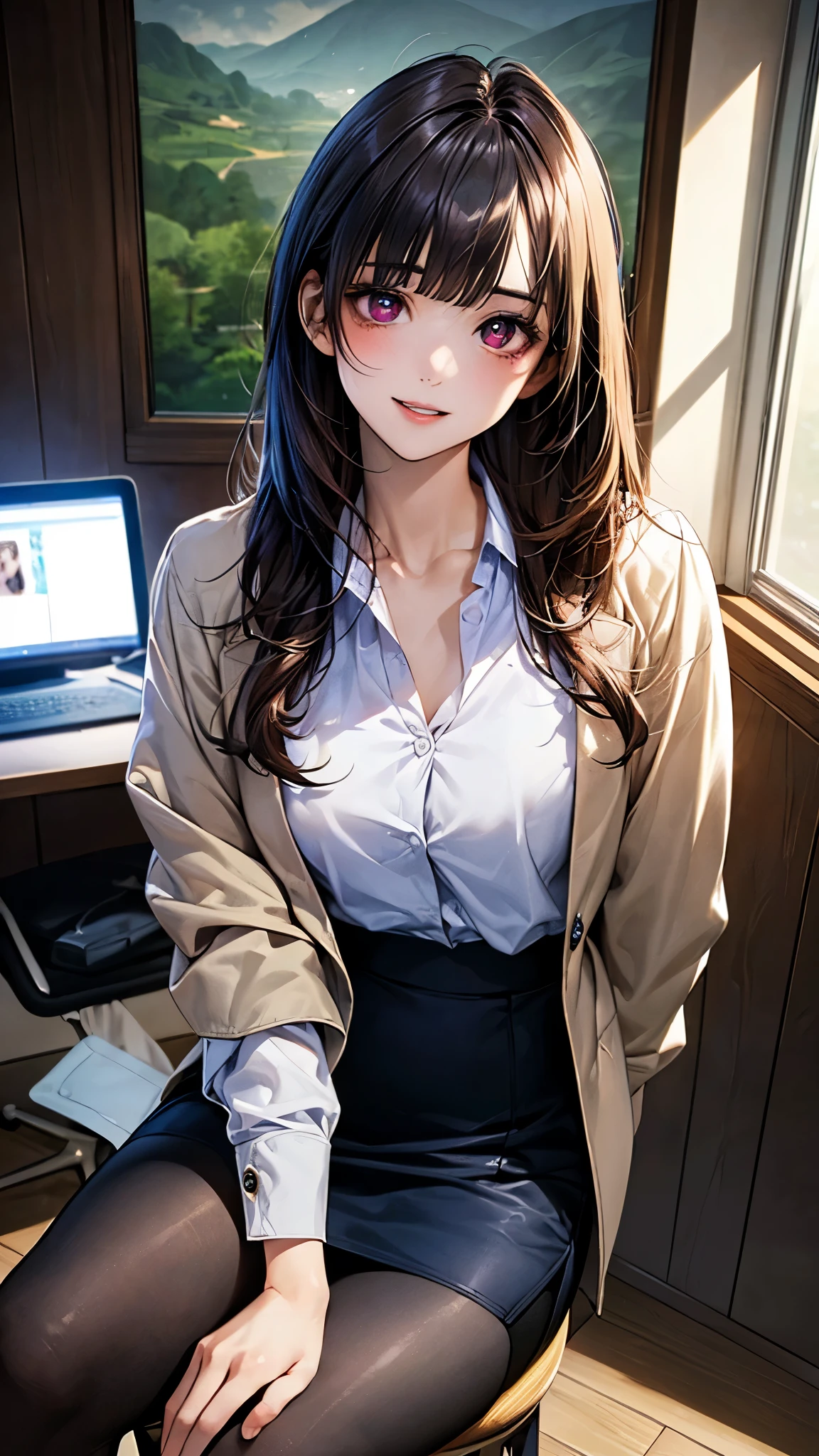 (masterpiece:1.2, top-quality), (realistic, photorealistic:1.4), beautiful illustration, (natural side lighting, movie lighting), surrealism,
looking at viewer, 1 girl, japanese, 22 years old, , perfect face, cute and symmetrical face, face, shiny skin,
(middle hair:1.8, straight hair:1.7, hair intakes, burnt umber hair), blunt bangs, maroon eyes, big eyes, slant eyes, long eye lasher, (medium breasts, thick thighs),
beautiful hair, beautiful face, beautiful detailed eyes, beautiful clavicle, beautiful body, beautiful chest, beautiful thigh, beautiful legs, beautiful fingers,
((navy jacket, close jacket, navy tight skirt, white collared shirt), black pantyhose), clavicle,
(beautiful scenery), evening, (computer office:1.2, sitting chair), , (lovely smile, parted lips),