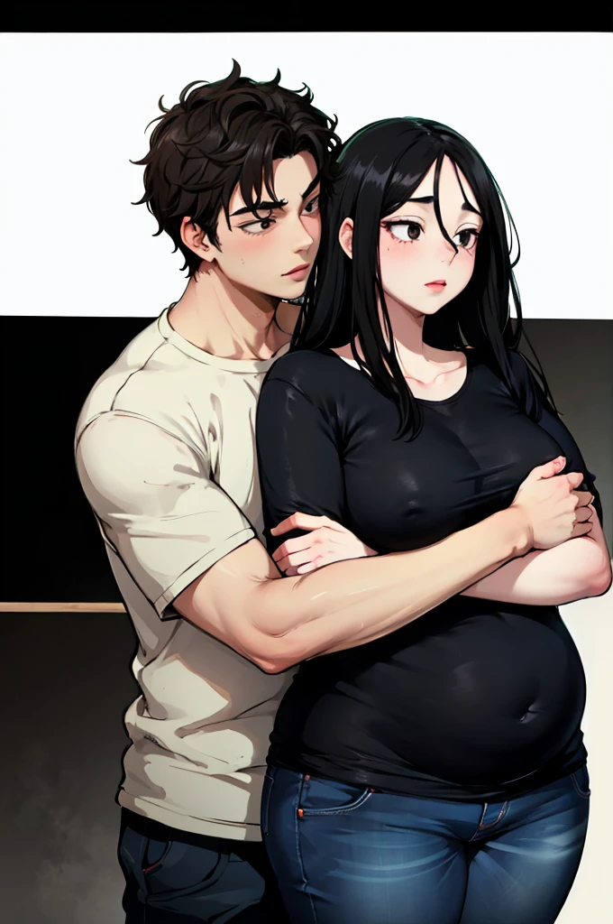 A brunette girl with a chubby build, Long black hair, black eyes, She hugs a boy, The boy has black hair, His eyes are brown and the boy's skin is white., The boy is tall and has a slim build..