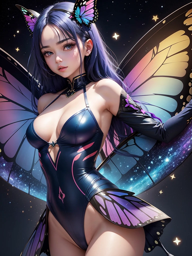 Woman with dark blue hair, butterfly wings, galaxy rainbow, leotard