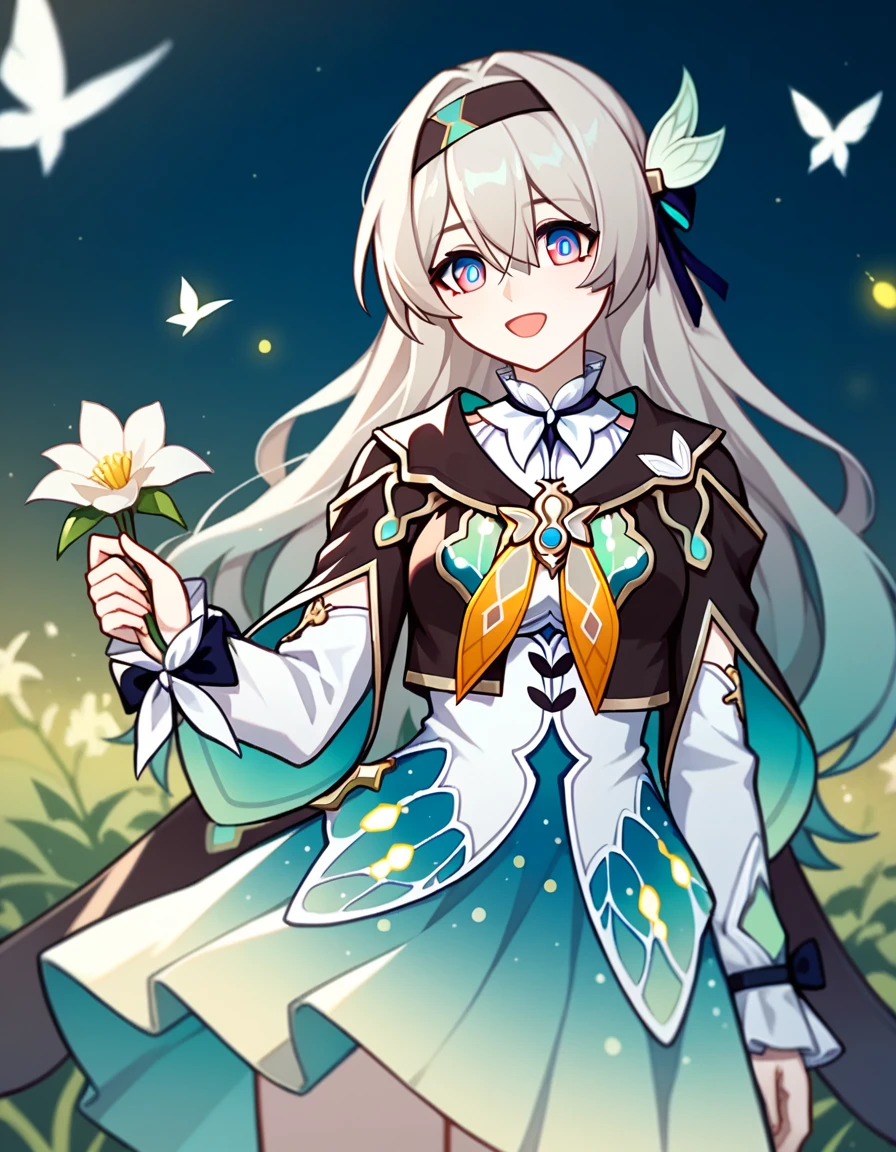 firefly \(honkai: star rail\),1girl,solo,jacket,white dress,long sleeves,white flower,headband,