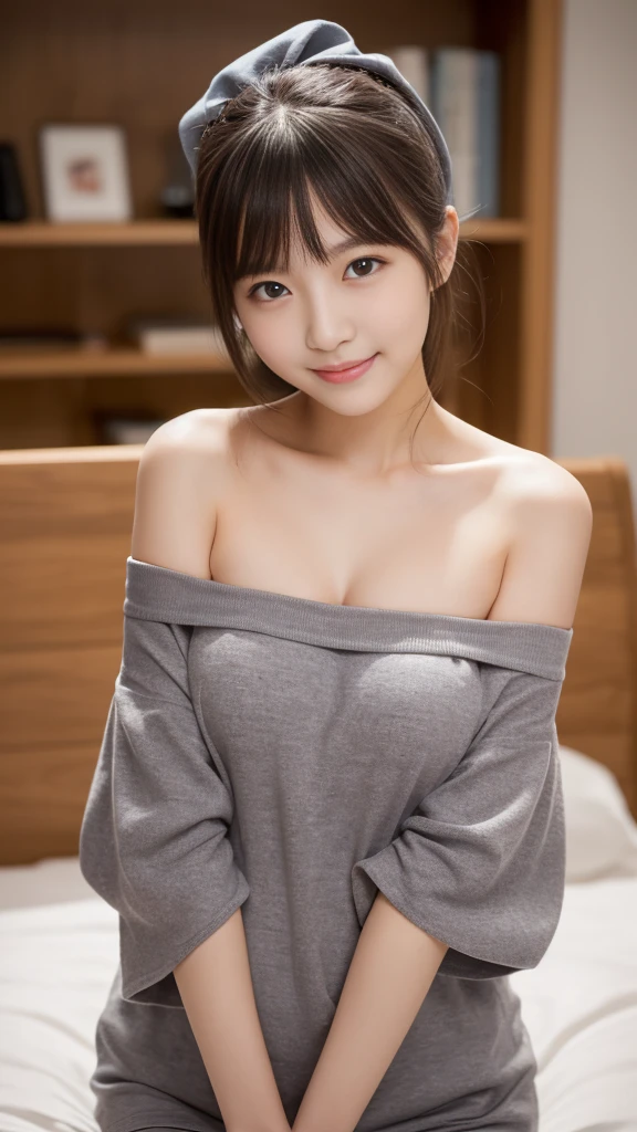 Tabletop, Highest quality, shape, Very detailed, In detail, High resolution, 8k wallpaper, Perfect dynamic composition, Beautiful attention to detail,((Off-the-shoulder clothing:1.5)),Medium Hair,Cute hairstyle, C cup breasts、(thin), No makeup , Bold sexy pose,a reassuring smile,、Kind older sister,((kind:1.2))、((Big sister feeling:1.2)), cute、sexy shot looking at camera,On the bed、nsfw,