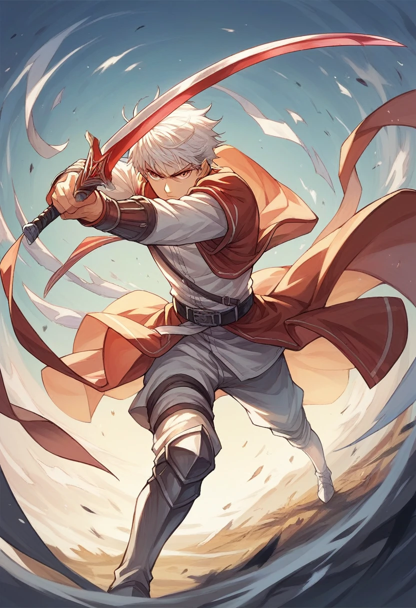 an image with a white man with blond hair and scarlet eyes, defined body, dressed as a swordsman wizard, wielding a magical sword . anime styling,8K,HD