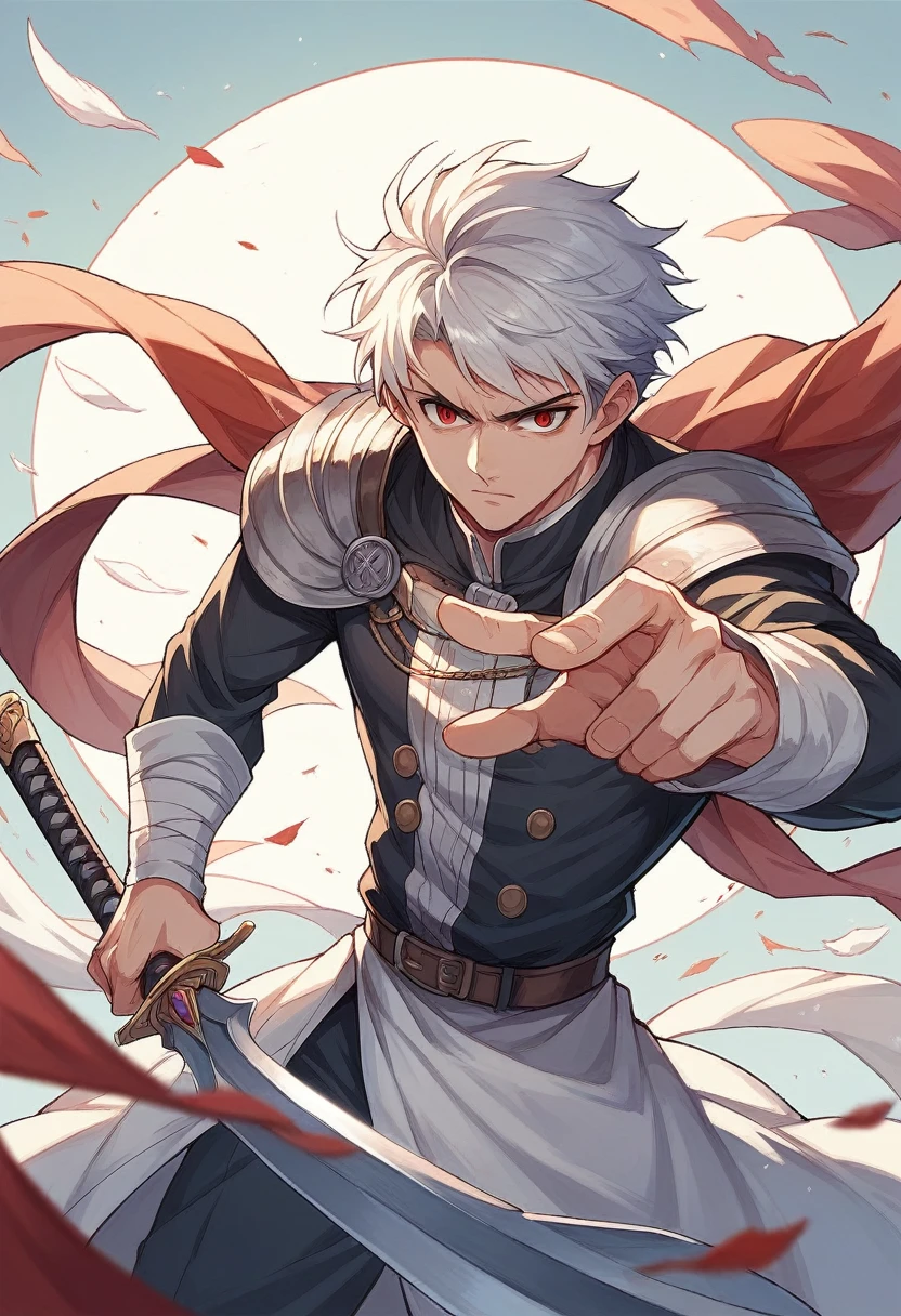 an image with a white man with blond hair and scarlet eyes, defined body, dressed as a swordsman wizard, wielding a magical sword . anime styling,8K,HD