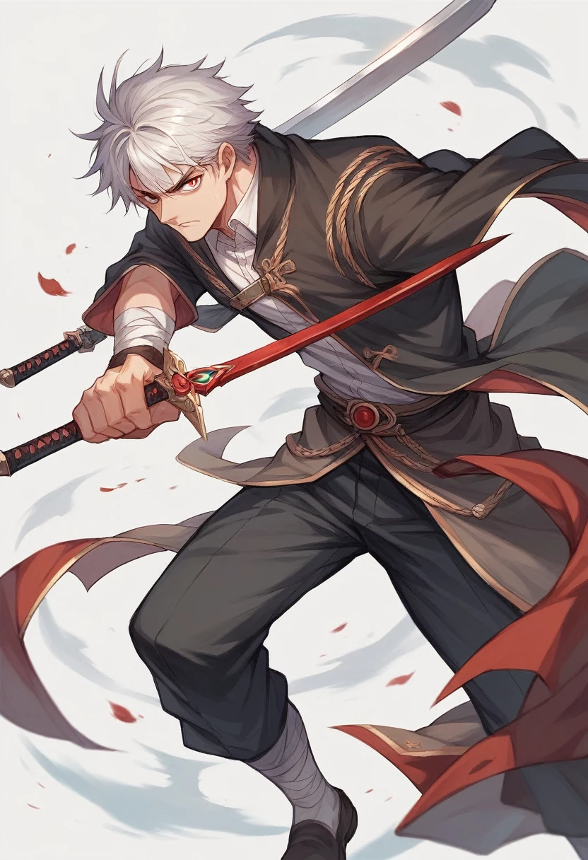 an image with a white man with blond hair and scarlet eyes, defined body, dressed as a swordsman wizard, wielding a magical sword . anime styling,8K,HD