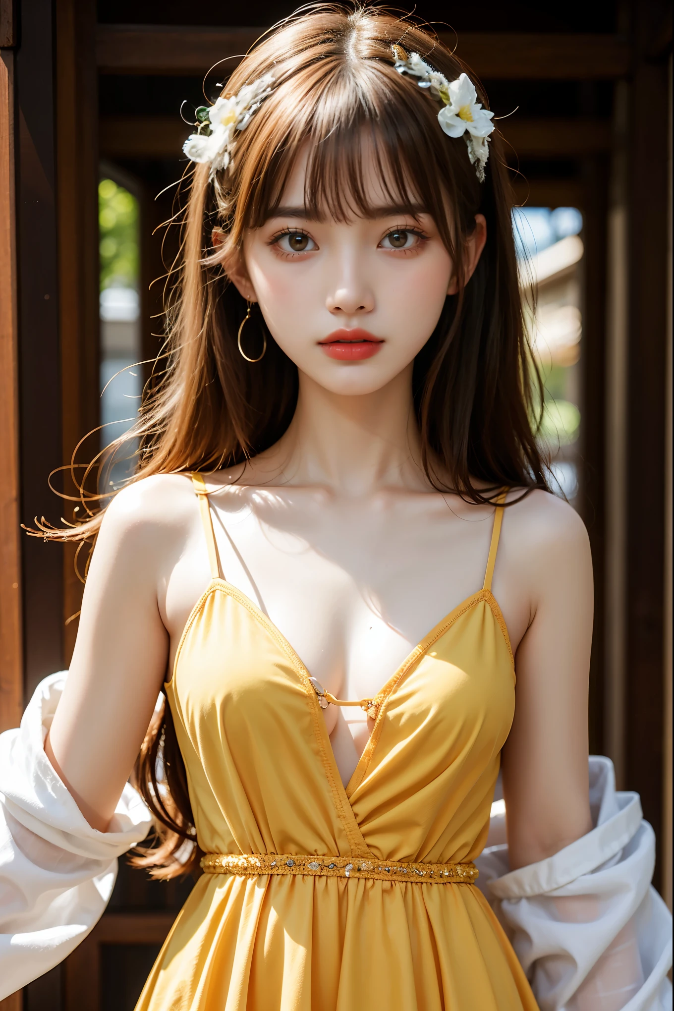 Cute, girl, solo, depth of field, waves, flat color, high resolution, high quality, detailed face, summer, water in dress, water drops, specular reflection, refracted glass shards, prism, lunar celestial body, liquid clothing, long yellow dress, harmony, fantasy.