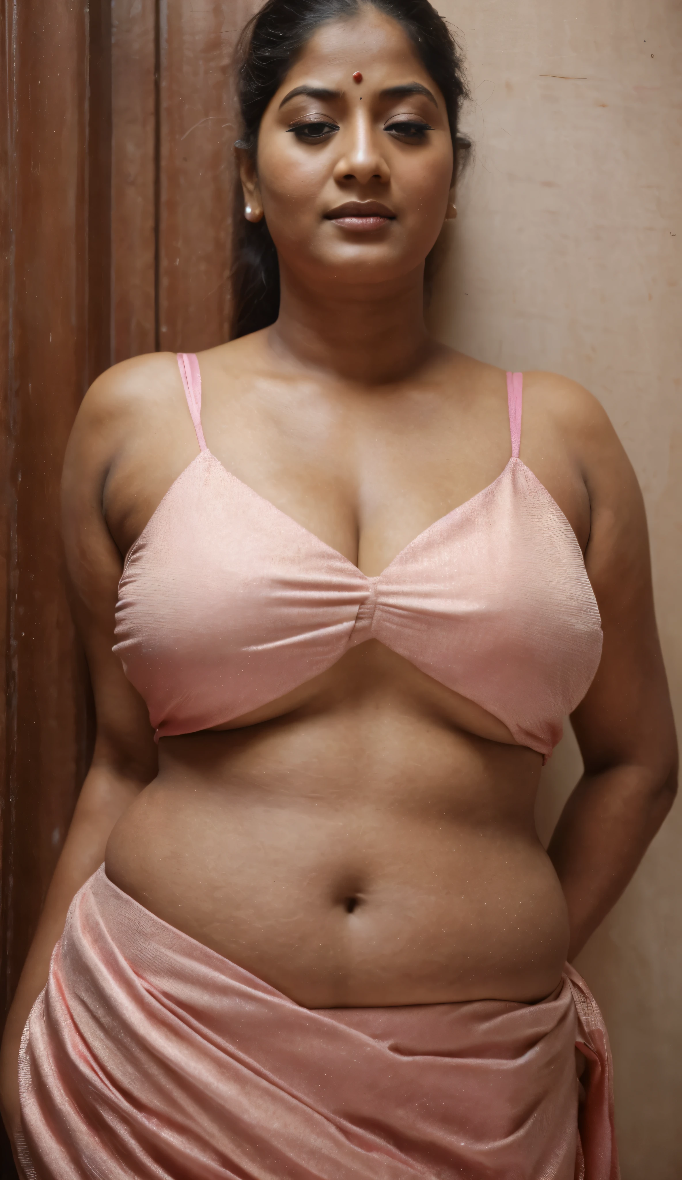 arafed woman in a pink sari, looks like Sandeepa Dhar, thick figure, curvy, traditional beauty, hindu aesthetic, assamese aesthetic, traditional makeup, indian goddess, indian girl with brown skin, wearing bihu dress mekhela sador, indian style, indian, gorgeous woman, south east asian with round face, a stunning portrait of a goddess, beautiful himalayan woman, beautymarks,