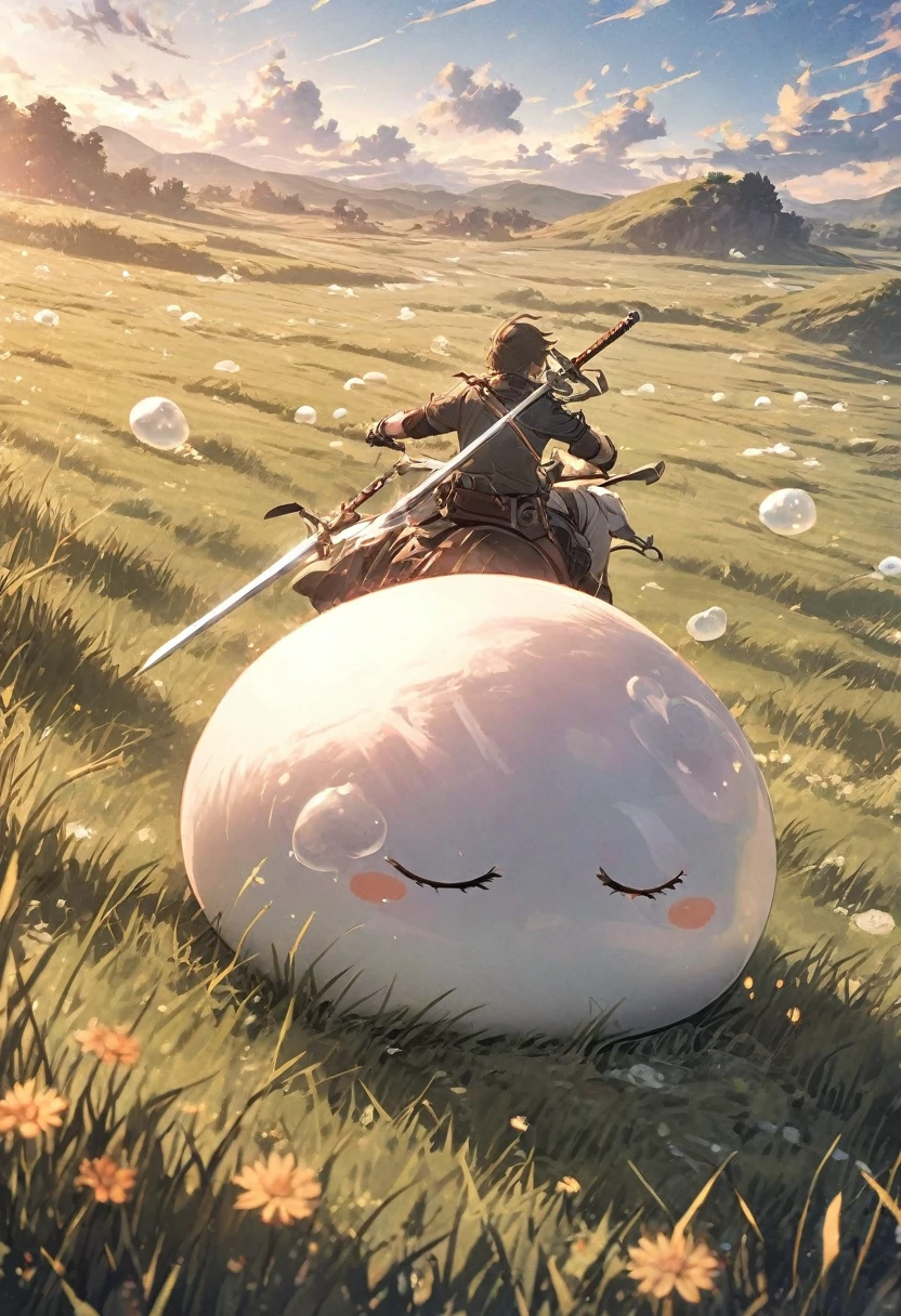 A little swordsman riding a white slime, grassland, 