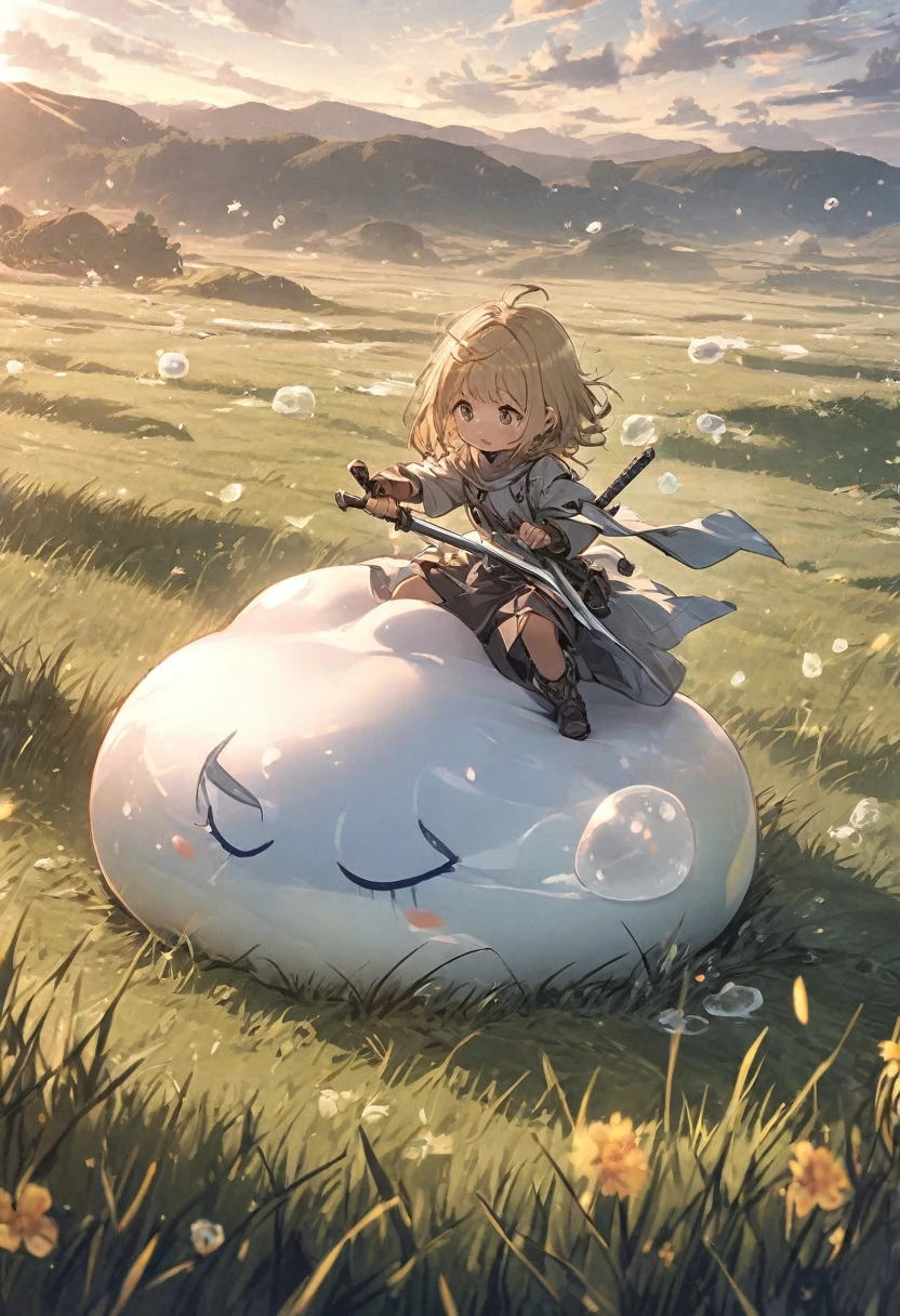 A little swordsman riding a white slime, grassland,
