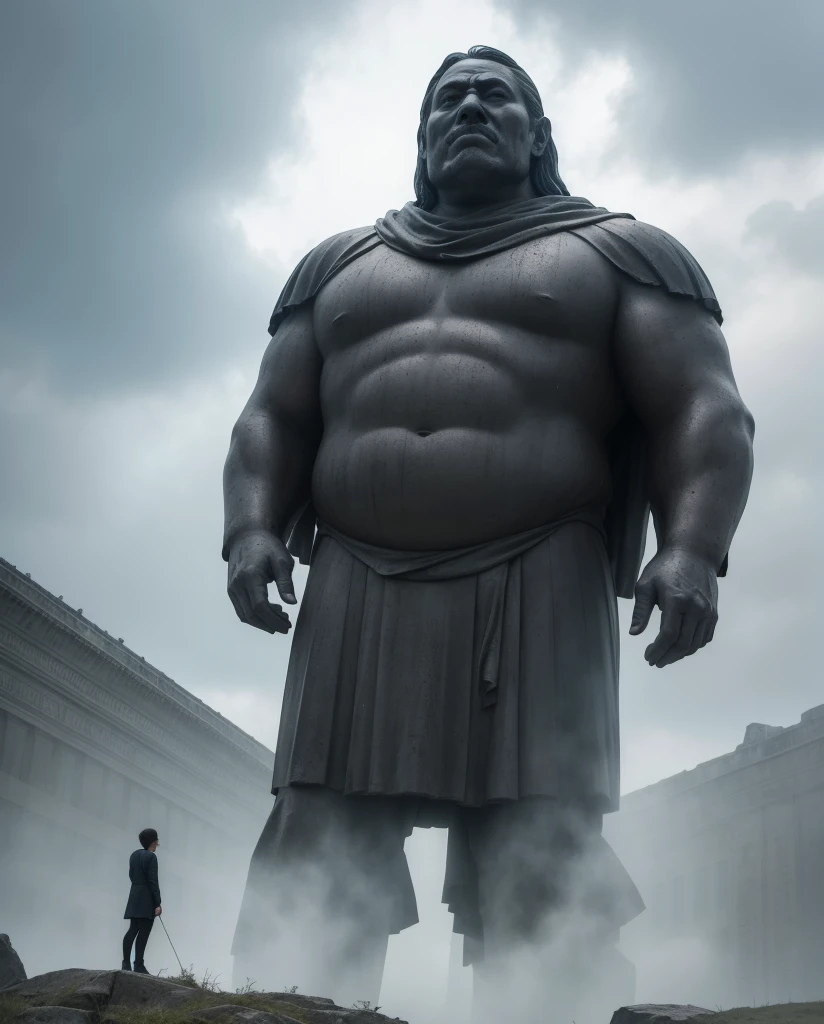 suspended in the face of a giant, in the style of haunting imagery, monumental figures --s 750 --v 6.0