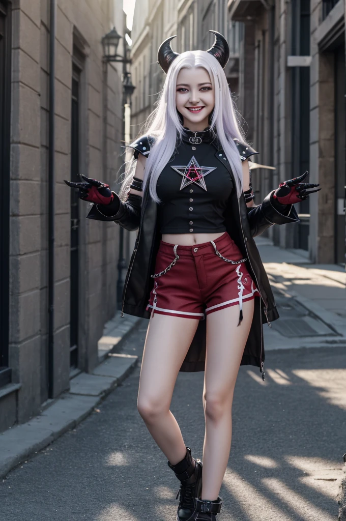 masterpiece, best quality, loona hellhound, loonacroptop, loonashorts, detailed face, detailed eyes, (slit pupils, white eyes), red sclera, happy, [smile, [spiked collar]], pentagram, fingerless gloves, shorts, digitigrade, standing, street, sunny rays 