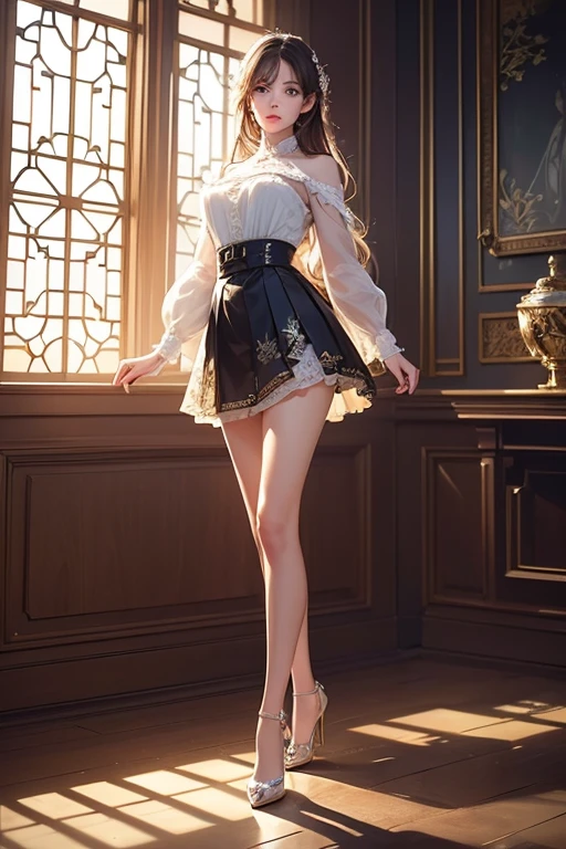 (Masterpiece:1.2), Best Quality, (illustration:1.2), (ultra detailed), hyper details, (delicate detailed), (intricate details), (cinematic light, Best Quality Backlights), Delete line, soloist, perfect body, (1 girl), secretary bare legs, Short skirt, high heels, (make up), High contrast, (better lighting, an extremely created and beautiful), (cinematic light), showy,