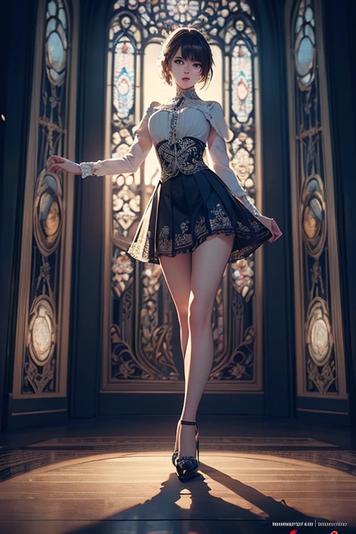 NSFW,(Natural finger shape:1.5),((Full Body Shot,Including face)),Standing position,4K,masterpiece,((Focus on the face)),((Symmetrical facial features)),Eye for detailed depiction,Beautiful woman,Excellent style,Beautiful feet,(Small Ass,Thin thighs),(Patterned black stockings:2,High heels),Facial detailing,Small earrings,necklace,Low angle photo,((Knitted sleeveless top,skirt)),Lying on the tiles,blue blonde,(Panty shot:1.5)