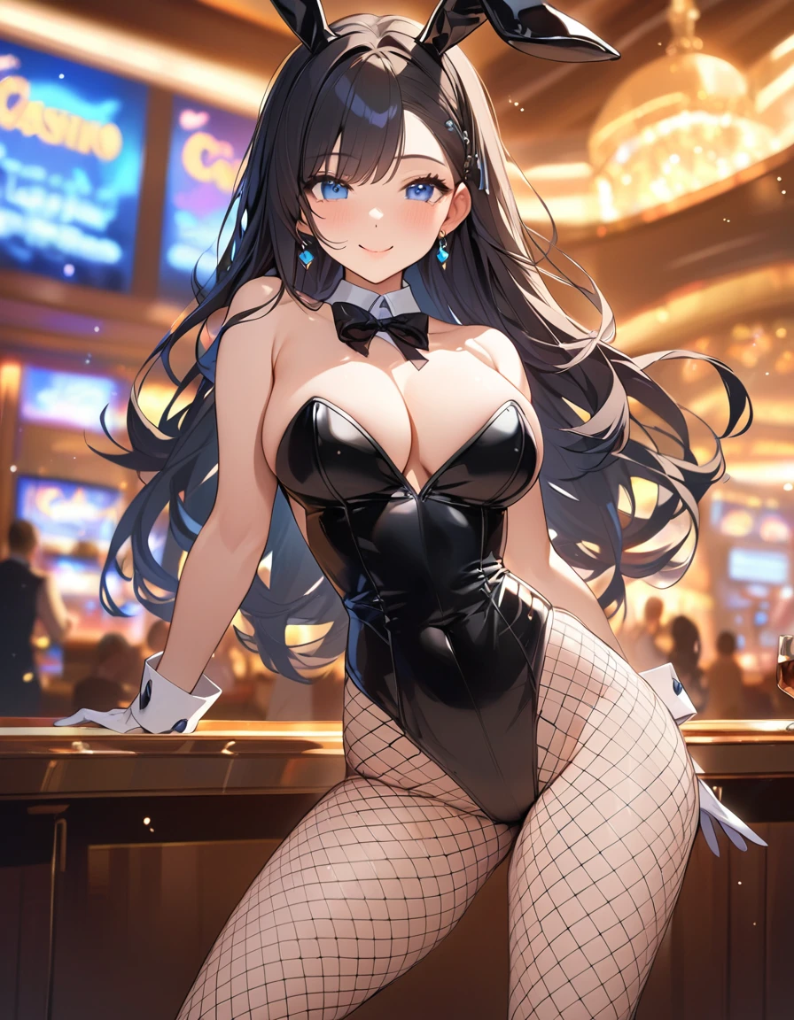 (Highest qualityのイラスト:1.2), (cute女の子:1.1), from behind, hip focus, (1 girl、), (1 girl、Kind eyes、blue eyes)、Black Hair、Semi-long hair、(Highest quality、非常にdetailed、cute、Ultra-high resolution) 、Black Hairの美少女、Bunny girl、Bunny ears、Black leotard、Fishnet tights、High heels、Larger breasts、casino、smile、masterpieceサイドライト、masterpiece、Highest quality、detailed、High resolution illustrations),　Soft Focus
