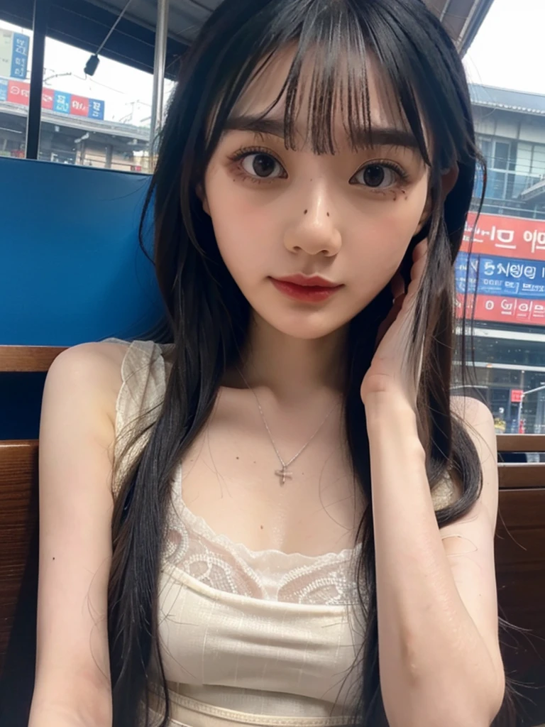 realistic photos of (1 cute Korean star) flipped hair, thin makeup, big breasts size, sexy erotic tiny string of G-string lingerie, at the train station, clear facial features of Canon EOS, 16k, high resolution, sharp and realistic details, overexposure, cut-in, UHD, high res, best quality, full body shoot.