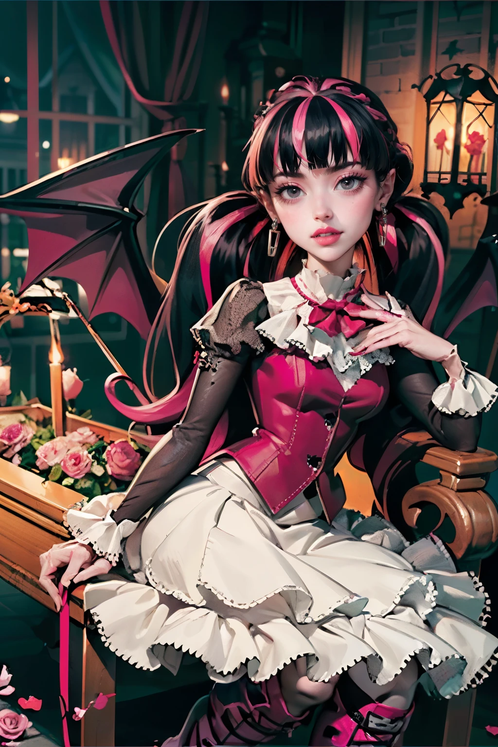 ((high quality)), ((Work of art)), (more detail), 1girl, succubus, centered, a girl with a bat wings, award winning upper body portrait, cowboy shot, Draculaura_MH, solo, black half hair, pink half hair, multicolored hair, long hair, white skirt, pink knee boots, smiling, seat on the throne, gothic style, gothic scenery, black lanterns, dark red roses, depth of field, cinematic composition, half black hair, half soft pink hair, wave hair, coffin, roses, smile, vampire fangs, gothic dress, bat wings, white dress, white dress with transparency, pink laces, white gloves, white high socks, pink high hills boots, bat jewelry, jewelry, seat on the grass, dark red roses on focus, Draculaura_(monster high), Monster High, looking at the viewer, more details on the clothes,
