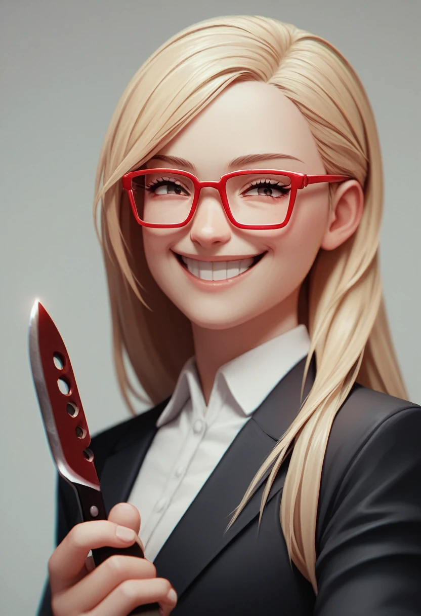 (happy blonde woman avatar), (long hair alone smiling), (only the bust), (Black Suit), (Red glasses), (holding fork and knife in hand), (3d style image).