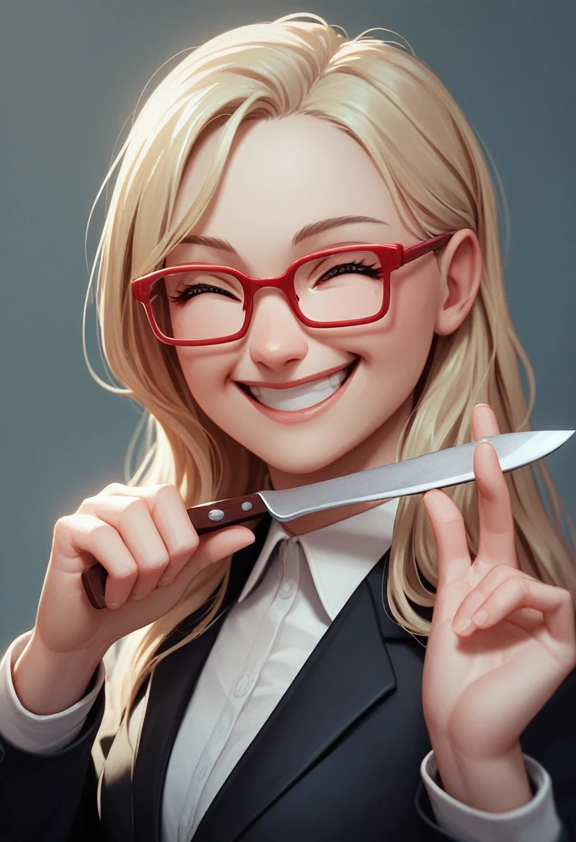 (happy blonde woman avatar), (long hair alone smiling), (only the bust), (Black Suit), (Red glasses), (holding fork and knife in hand), (3d style image).