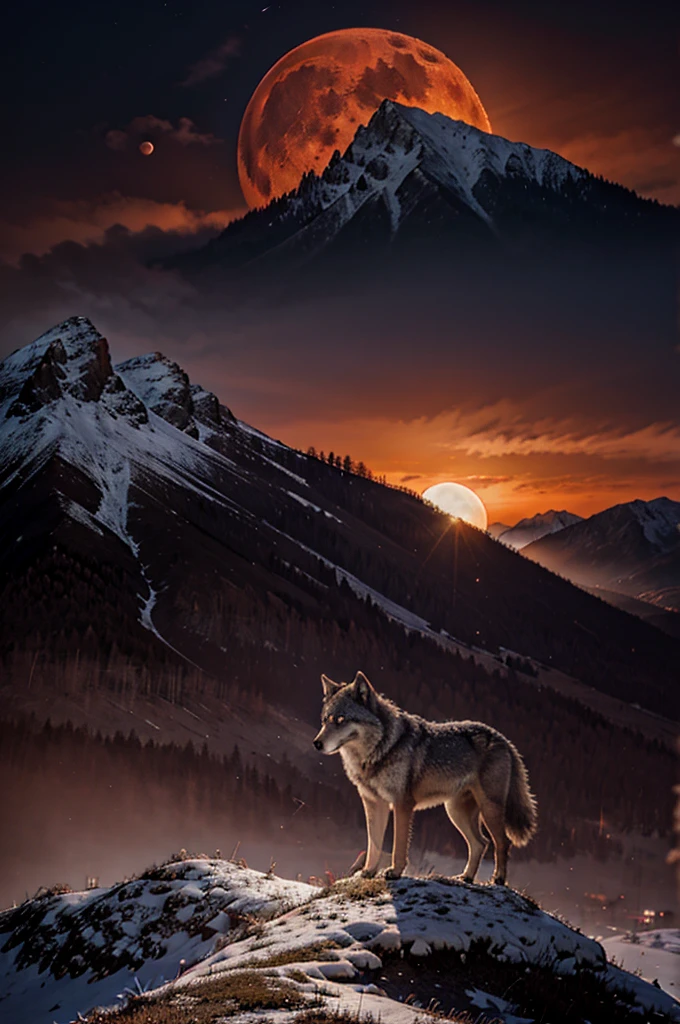 Wolf in blood moon light at tip of mountain