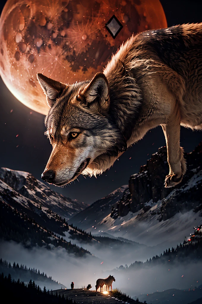 Wolf in blood moon light at tip of mountain 