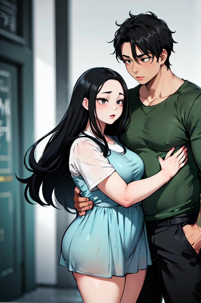 A dark-skinned girl with a chubby build, Long black hair, black eyes, She hugs a boy, The boy has black hair, His eyes are brown and the boy's skin is white., The boy is tall and has a slim build..
