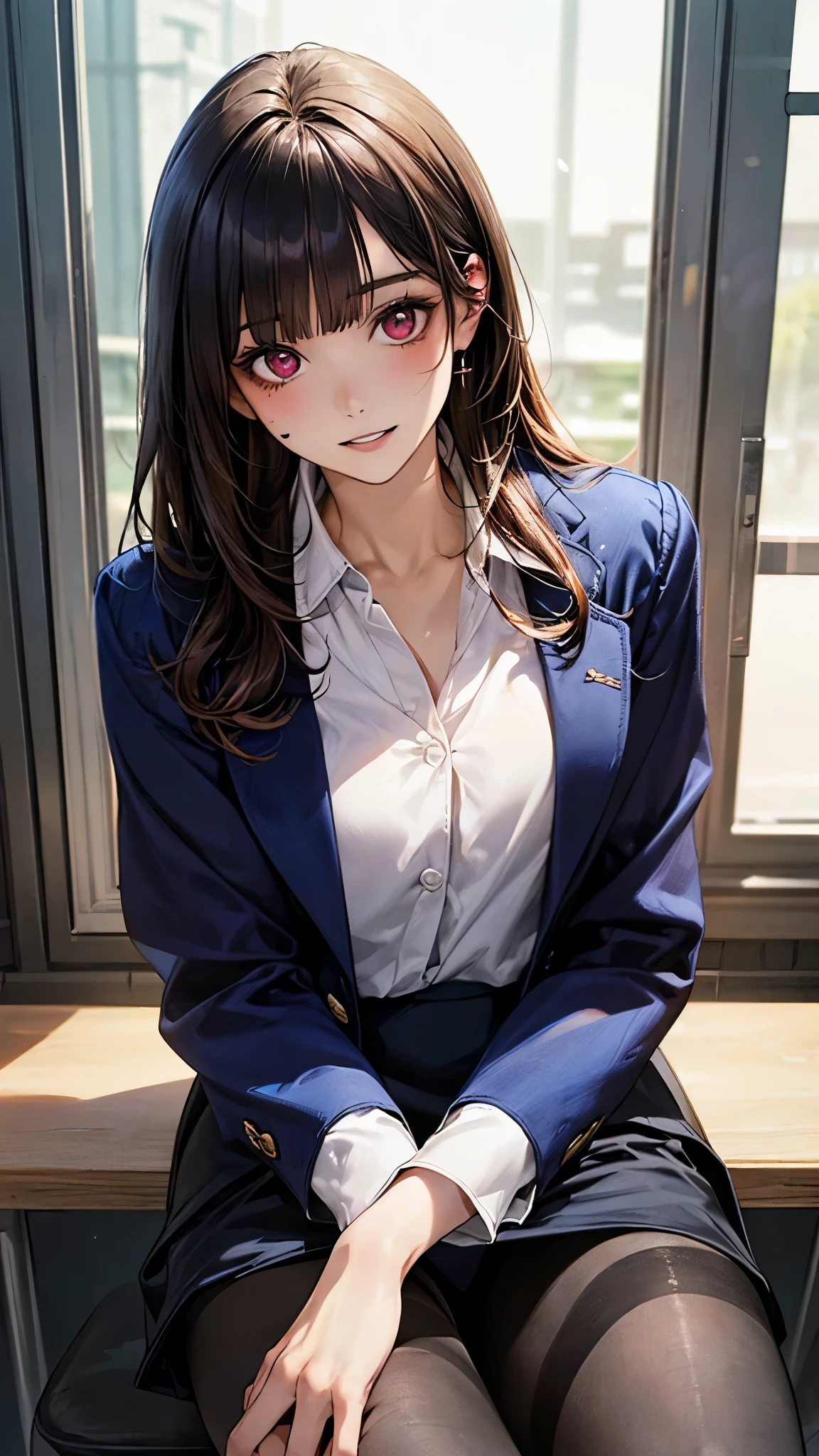 (masterpiece:1.2, top-quality), (realistic, photorealistic:1.4), beautiful illustration, (natural side lighting, movie lighting), surrealism,
looking at viewer, 1 girl, japanese, 22 years old, , perfect face, cute and symmetrical face, face, shiny skin,
(middle hair:1.8, straight hair:1.7, hair intakes, burnt umber hair), blunt bangs, maroon eyes, big eyes, slant eyes, long eye lasher, (medium breasts, thick thighs),
beautiful hair, beautiful face, beautiful detailed eyes, beautiful clavicle, beautiful body, beautiful chest, beautiful thigh, beautiful legs, beautiful fingers,
((navy jacket, close jacket, navy tight skirt, white collared shirt), black pantyhose), clavicle,
(beautiful scenery), evening, (computer office:1.2, sitting chair), , (lovely smile, parted lips),