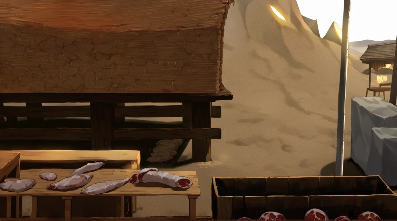traditional market, market stall, (market tens), (they sell human flesh, chopped hand and feet, human meats), sellwooden box, wooden table, (sand ground, sand hill behind the stall), dawn time, early morning, 