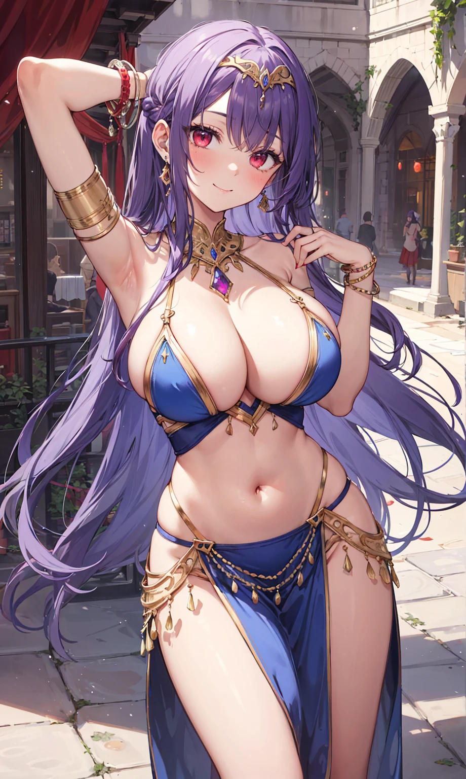 high quality, ultra detailed, best quality, insanely detailed, beautiful, masterpiece, 1girl, medieval plaza, cowboy shot, red eyes, long hair, purple hair, belly dancer, circlet, earrings, armlets, bracelets, bashful smile, large breasts, cleavage, soft stomach