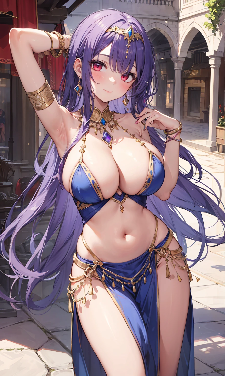 high quality, ultra detailed, best quality, insanely detailed, beautiful, masterpiece, 1girl, medieval plaza, cowboy shot, red eyes, long hair, purple hair, belly dancer, circlet, earrings, armlets, bracelets, bashful smile, large breasts, cleavage, soft stomach