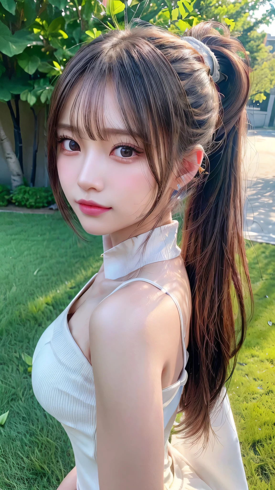 One piece with collar,outdoors,Urban Park,On the lawn,Ultra-detailed, finely detail, hight resolution, 8K Wallpaper, Perfect dynamic composition, Beautiful detailed eyes,Outdoor,Close-up of face,Outdoor,Blushing,Facing forward,,Long hair ponytail,((8k, Raw photo, Best Quality, Mastepiece:1.2), (Realism, Photorealistic:1.4), (Highly detailed 8K wallpapers), Depth of written boundary, Cinematic Lighting, Soft Light, Detailed Beauty Eye,Shiny and smooth light brown ponytail, Asymmetrical bangs, Shiny skin, Ultra-detailed skins ,It is high resolution., High detail, Detailed hairstyle, Detailed facial beauty, Hyper-realistic, Perfect limbs, Perfect Anatomy ,1 Japanese girl,Famous Japanese Idols, Perfect female body,A shy smile,Short eyelashes,Double-edged eyelids,Look straight here,Hair style: ponytail,