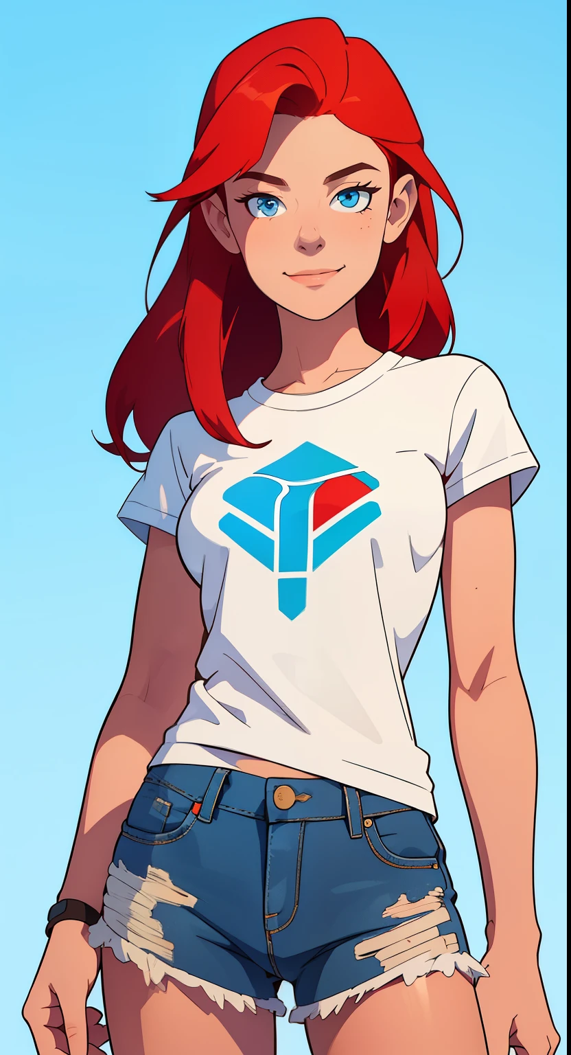 masterpiece, best quality, full body,1girl,the highest image quality, 21 year old girl, red hair, long hair, light blue eyes, tight white graphic t-shirt, and denim shorts, medium breasts, White background, empty background whole body , neutral pose, smiling no teeth