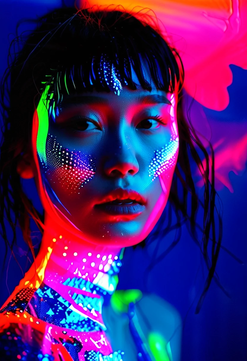 full portrait unique photography with light and painting. Using Fluorescent materials to form abstract patterns that are implemented on the pretty japanese women face with dynamic pose. Phosphorescent materials store light and release it slowly. glow in the dark, prism rainbow effect, Ultra highly detailed, skin texture, detailed art, neon glow backround, Realistic Portrait by Arnau Mas