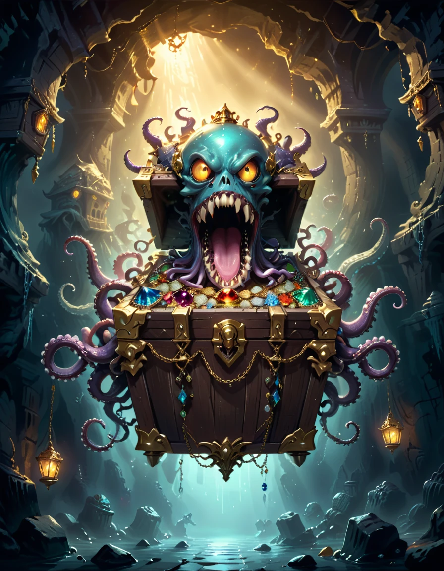 Dungeons，Floating in the air(Monster disguised as a treasure chest), Filled with jewels，1 eyes，One-Eye，Tongue，Tentacles， sharp claws and teeth, Very detailed, Complex design, Gorgeous gold embellishment, ,Ominous Presence, fantasy, Dark gloomy lights, Composition, Dramatic shadows, Rich colors, number, Concept Art, The award-winning，Luminescence example，Ray Tracing，Devout worshippers，