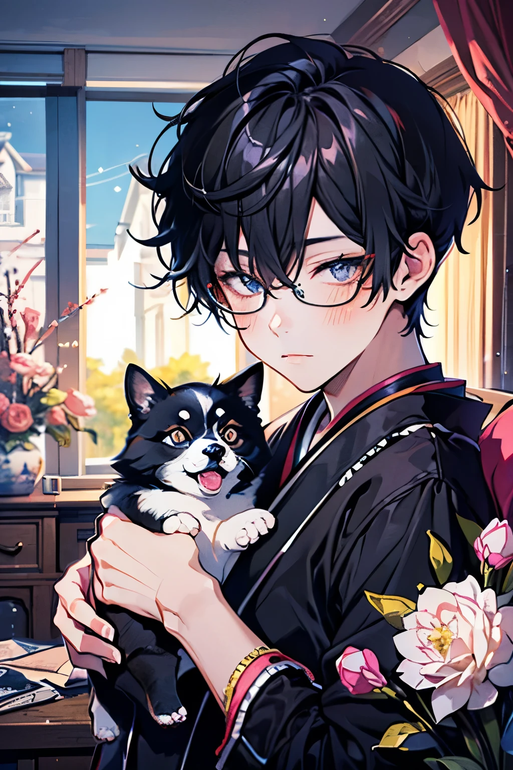 ((Beautiful men's:1.2)), black hair,Sparkling marble eyes,Shiny Sparkling eyes,Oversized T-shirt,high quality, amount of drawing, pixiv illustration,nsfw,beautiful image,perfect pixiv,glasses,blush,Shyness,Japanese-style room,puppy