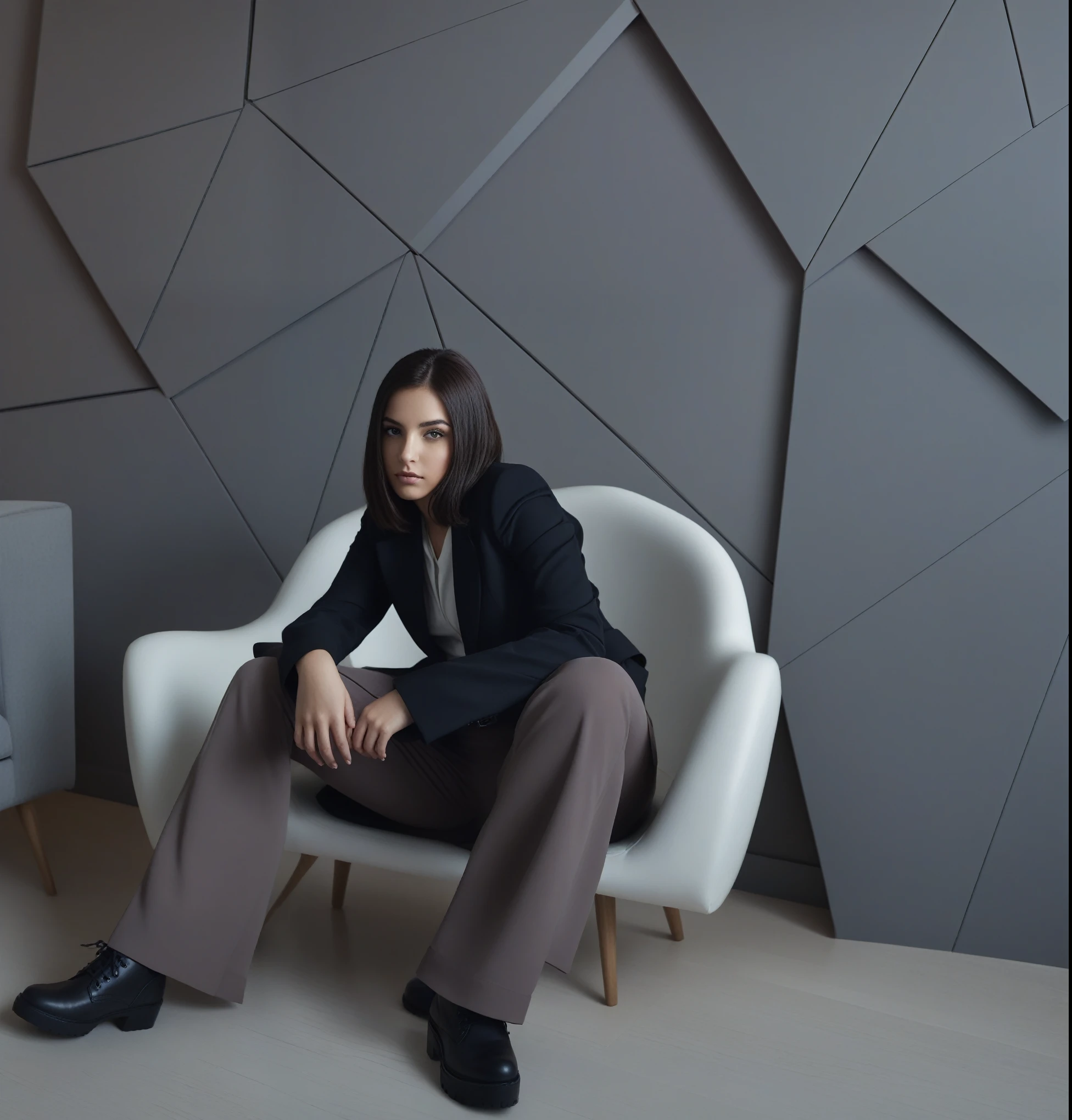 A girl sits on a chair in a room, photo from promo shoot, portrait shot, matte painting portrait shot, sitting in the living room, smooth _ Background, Commercial Photography, с vray, symmetrical middle ground, taken with a canon eos 5 d, shot on canon eos 5 d, inspired by Carlo Mense, editorial photography