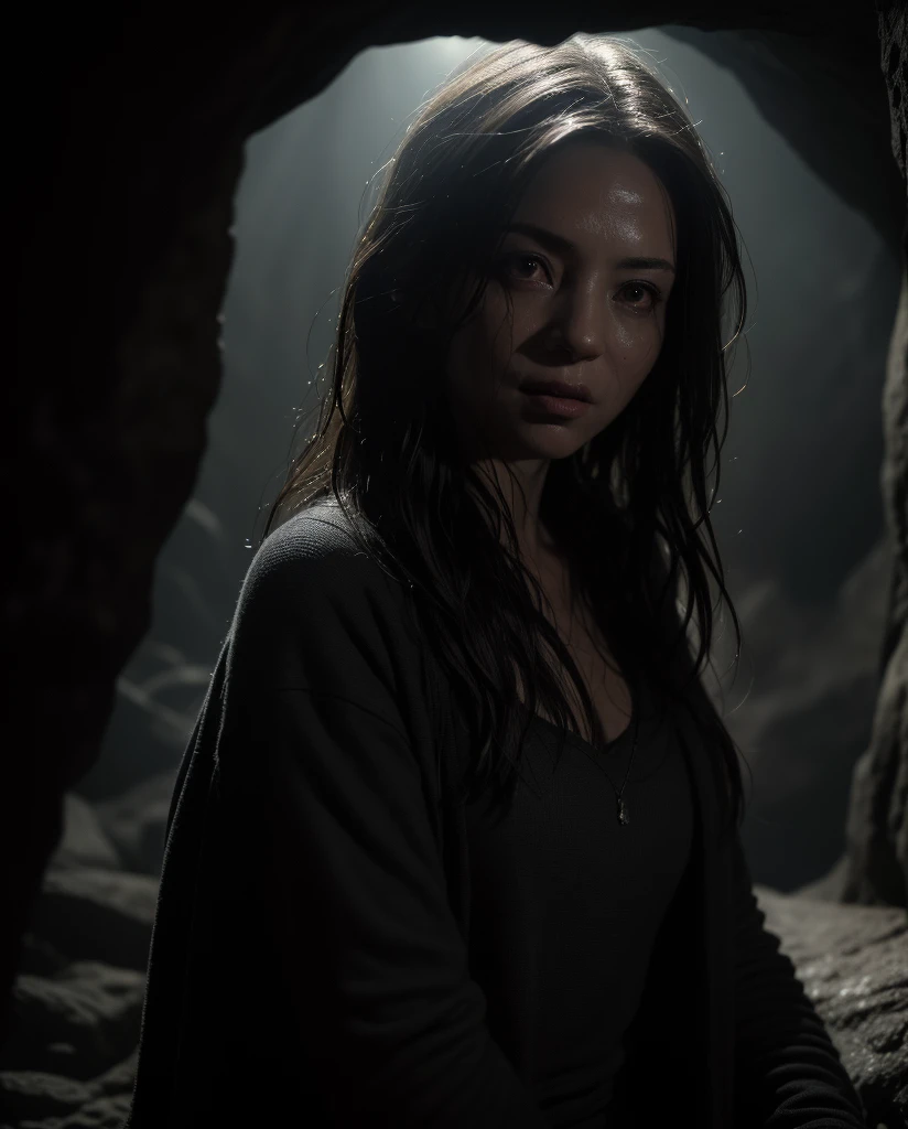 dark atmospheric horror, middle aged witch in a cave from far, (RAW photo, real, best quality, masterpiece:1.2), detailed, (hyper realistic, photo-realistic:1.2), high quality, (dark lighting:1.2), perfect lighting