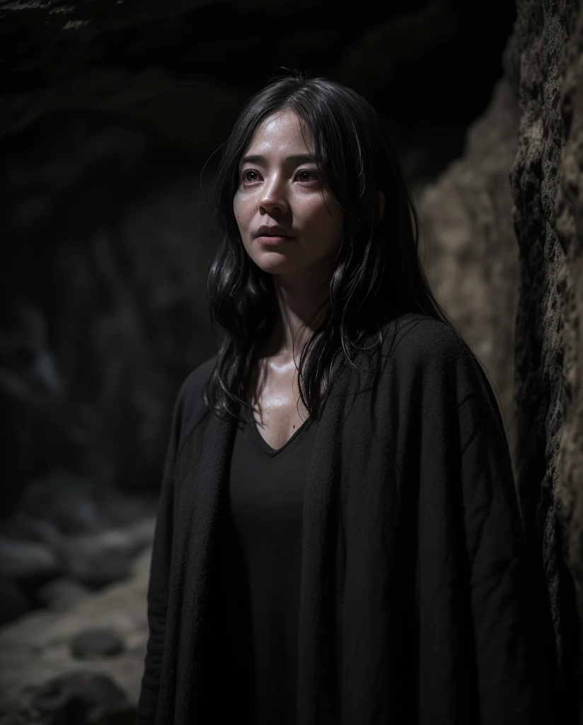 dark atmospheric horror, middle aged witch in a cave from far, (RAW photo, real, best quality, masterpiece:1.2), detailed, (hyper realistic, photo-realistic:1.2), high quality, (dark lighting:1.2), perfect lighting
