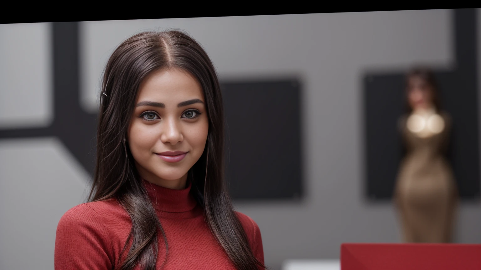 a friendly customer service representative, expressive eyes, full smile, professional attire, office setting, 8k, masterpiece, RAW photo, best quality, photorealistic, extremely detailed CG unity 8k wallpaper, Depth of field, Cinematic Light, Lens Flare, Ray tracing, (extremely beautiful face, beautiful lips, beautiful eyes), intricate detail face, ((ultra detailed skin)), ((1girl:1.9)), ((alone:1.9)), ((19years old)), (big smile;1.4), (beautiful and aesthetic:1.2), deep shadow, (sharp focus), [(((Raiana-Elizabeth-Dilla:1.9)))], pretty girl, (very slim slender fit-muscled body:1.9), ((business-style fashion:1.9)), ((stylish ((red:1.5)) clothes)), ((modern office background:1.9)), (shiny skin), clear eyes, (pale skin), (((eyes-view:1.9))), (((extreme-close-up:1.9, cinematic shot))),  soft lighting, (flowing dark-black hair), (((looking at viewer:1.9))), highly detailed, ultra realistic, extremely detailed and realistic ((red:1.5)) clothes.