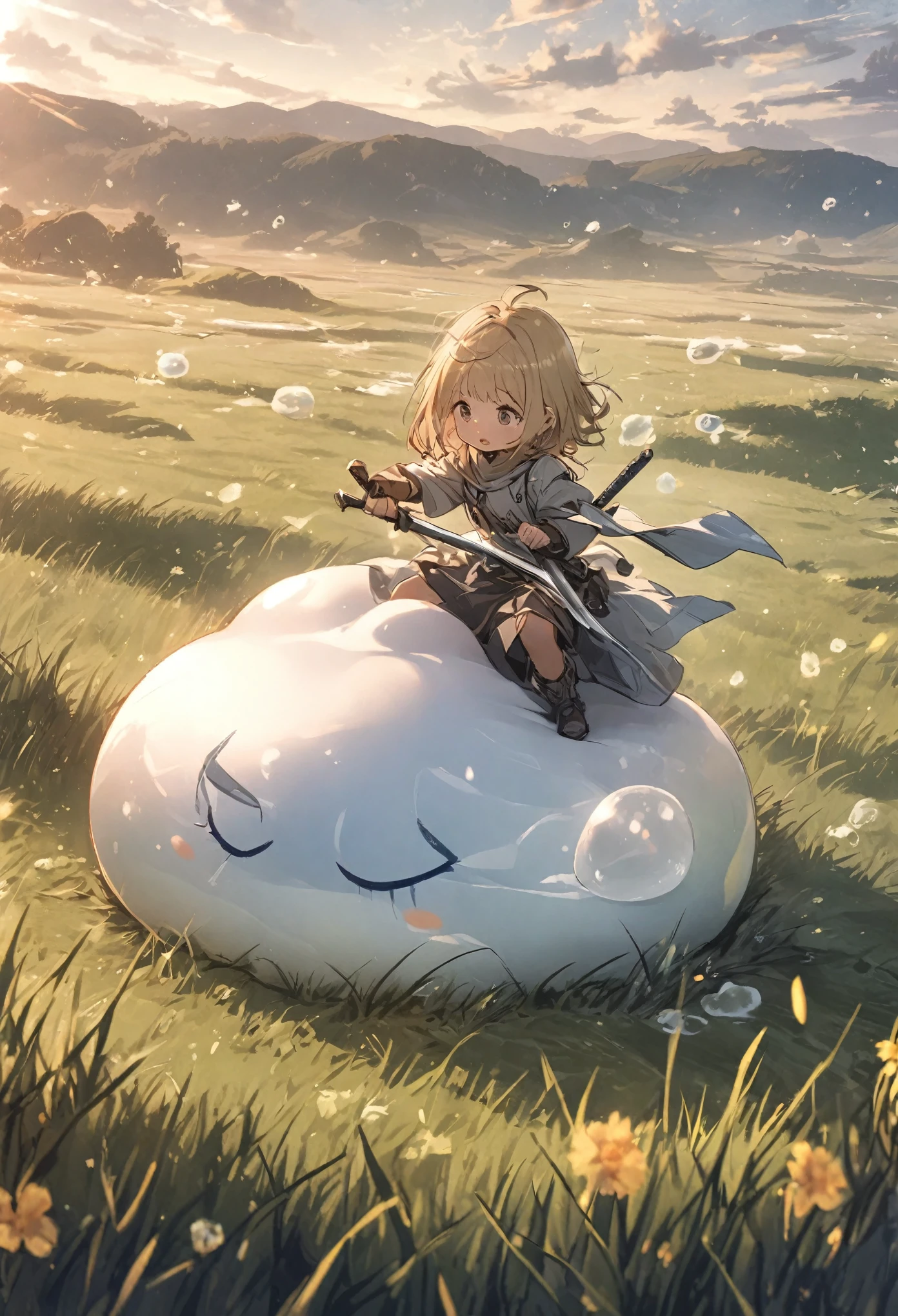 A little swordsman riding a white slime, grassland, 