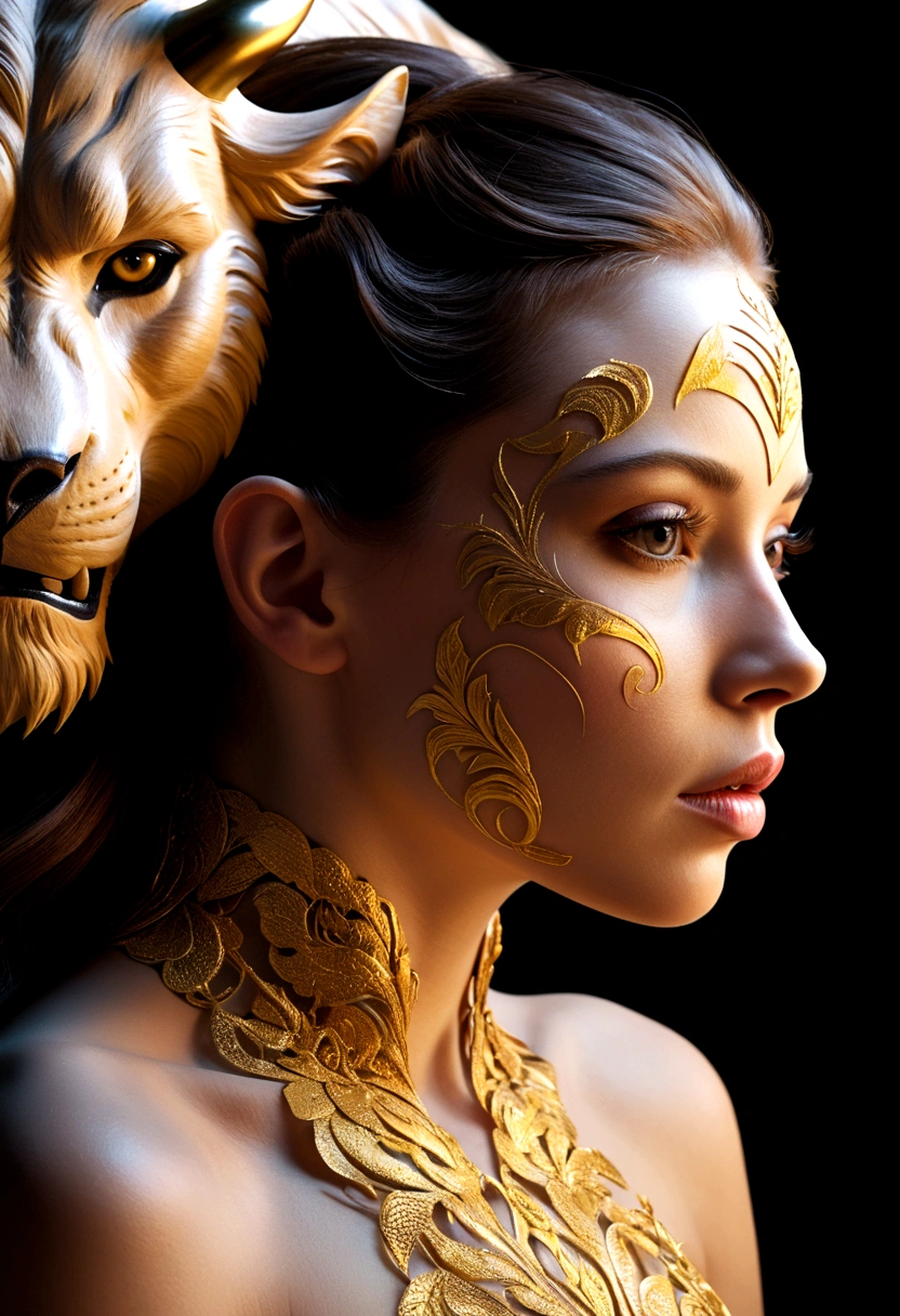 photoillustration of double exposure of merged, a beauty-lady, the beast, (solid effect of the beast image facing on her), seamless mix, texture and pattern, solid effect, iconic stance, dramatic shadows, dramatic lights, interlacing elements, fit-image facing on her, side view, fantasy art, two tones, opposite-opponent digital manipulated photo art, hyper-realistic, ultra-detailed, crisp clarity, high-contrast, luminous ambiance, rich textures, intricate patterns, vivid colors, cinematic lighting, photorealistic, accurate anatomical proportions.