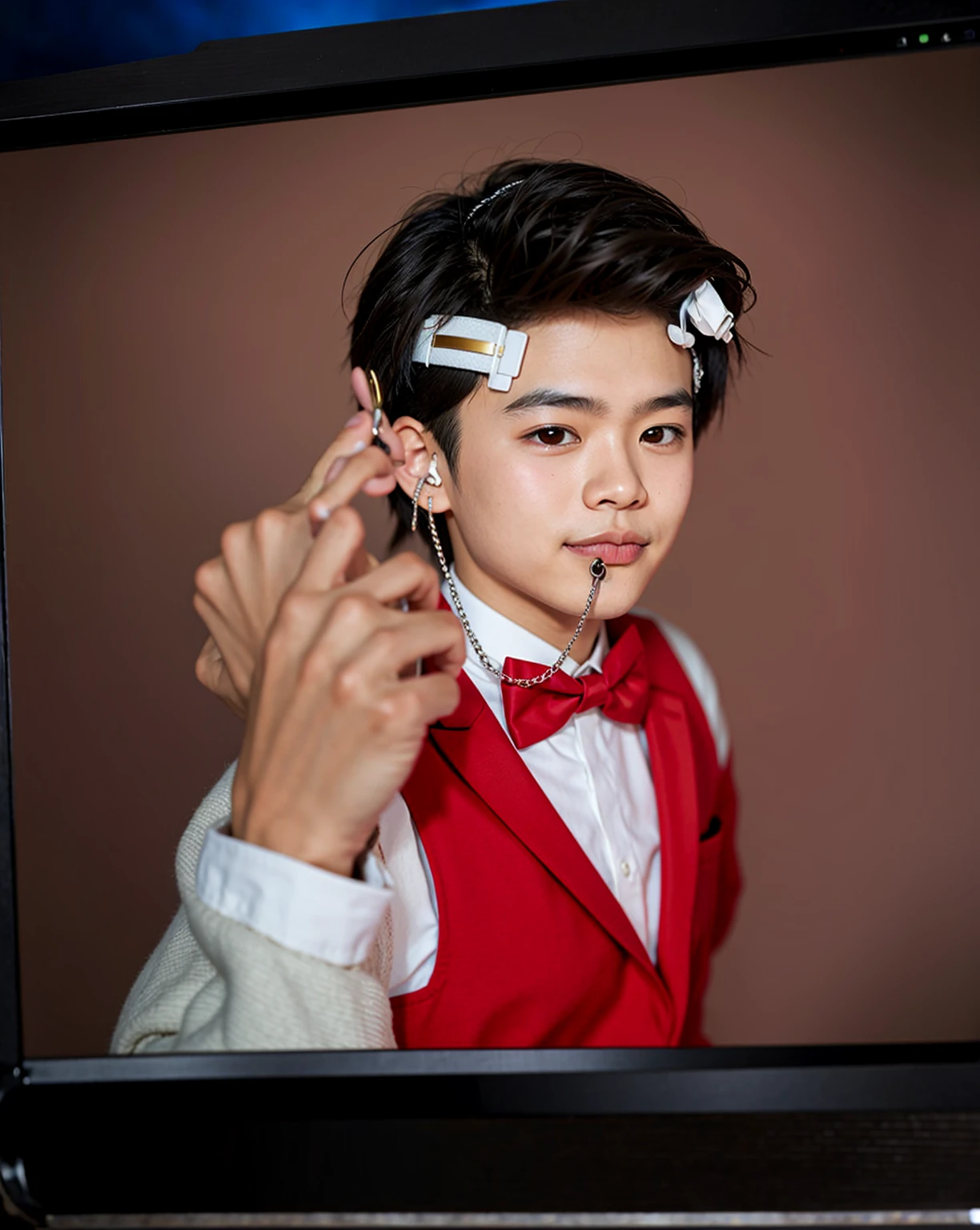 Asian boy, good lighting, smooth hair, glossy skin, blur background, high quality, 8k resolution, middle finger