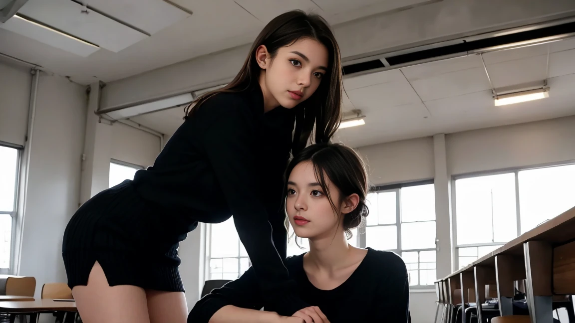 deux femmes ensemble de 18 ans sexy et mince , black short sleeve sweater, salle de classe, se touche,position sey,sensuel