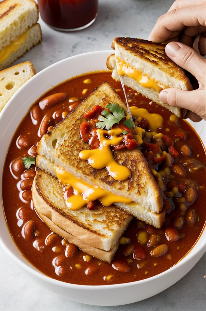 Grilled cheese man eating a bowl of chili while taking a shower