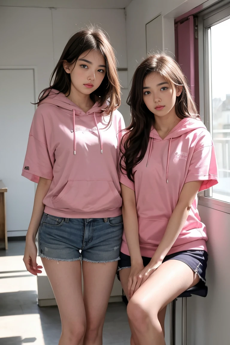 deux ensemble de 18 ans sexy eince , pink short sleeve hoodie , salle de classe, se touche,position sey,sensuel
