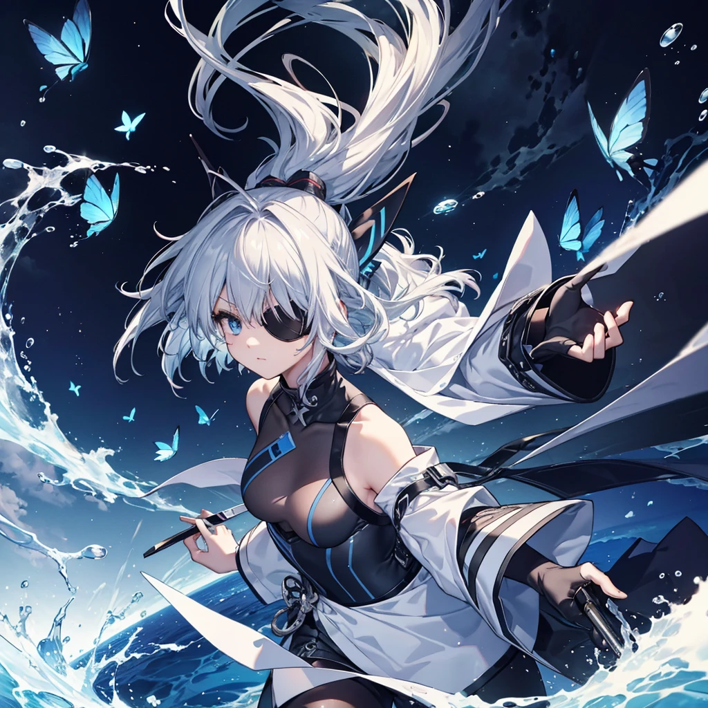 (((1 person　put on an eyepatch　Gray Hair　Qinglong)))　(((Jumping kick)))　((High resolution　short hair　shoulder　Also々funny Face　knifeを胸の前で構える))　((Black Band　Ninja　Lonely　despair　blue eyes　close))　((Blue Butterfly　night　Japanese style　old　Shining Aura　Jump　Catch the wind　Distorted Space))　(dance　日本knife　knife　Slashing)　月night　moonlight　star　Shuriken　Shining Background　Shining Edges