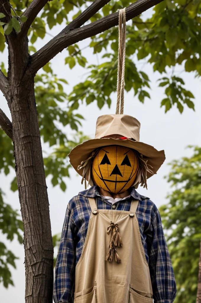 Scarecrow with nothing on his face, make it look nice, tender and colorful hanging from a tree
